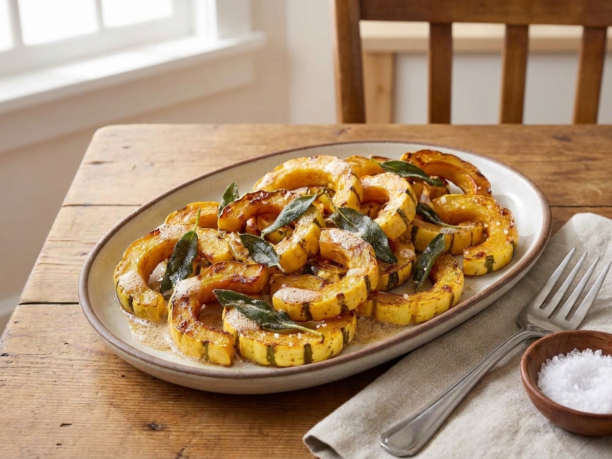 Roasted delicata squash half-moons arranged on a serving platter with brown butter drizzle and scattered sage leaves on a cozy dining table