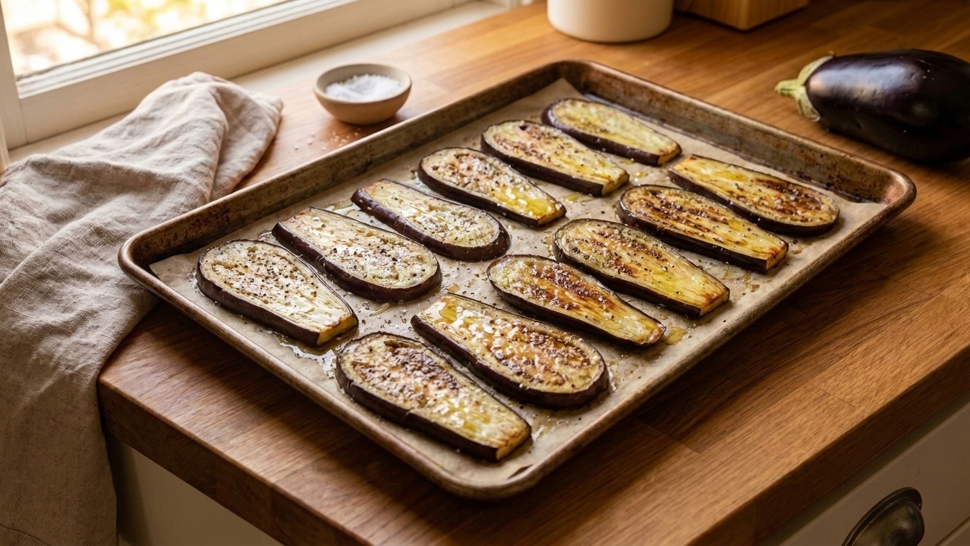 Roasted eggplant planks with browned edges on a parchment-lined baking sheet on a kitchen counter
