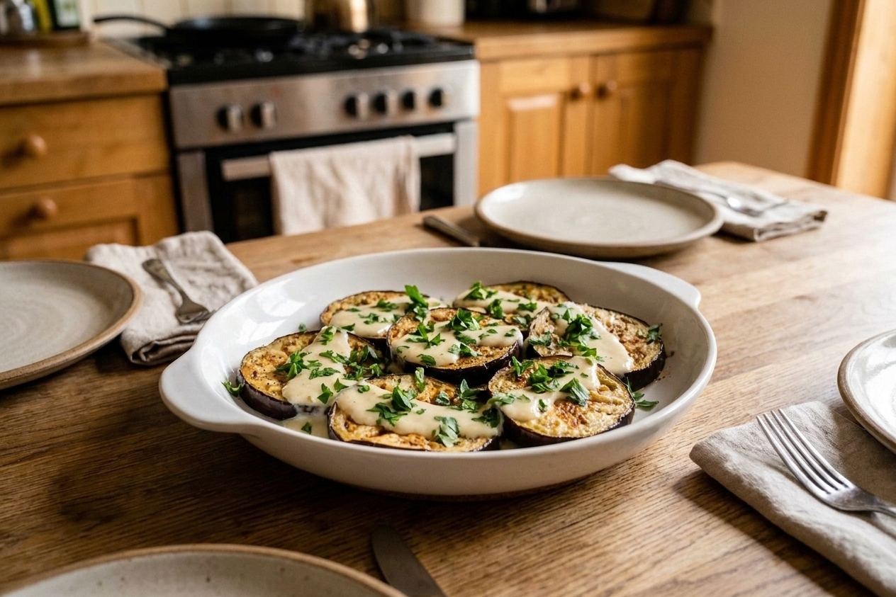 Roasted eggplant rounds plated on a white serving dish with lemony sauce and chopped parsley, set on a simple dinner table