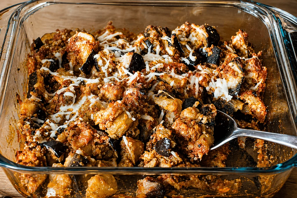 Roasted eggplant slices cooling beside a glass airtight container on a kitchen counter, ready to be stored