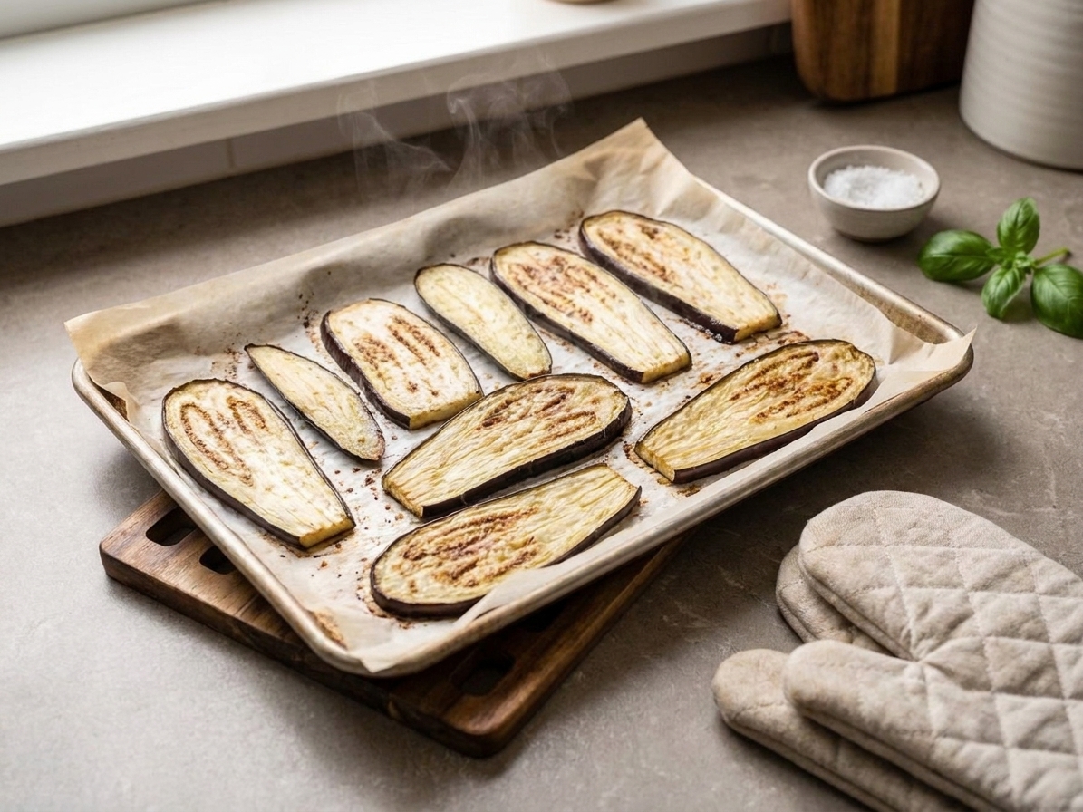 Roasted eggplant slices on a parchment-lined sheet pan, lightly browned at the edges, fresh from the oven