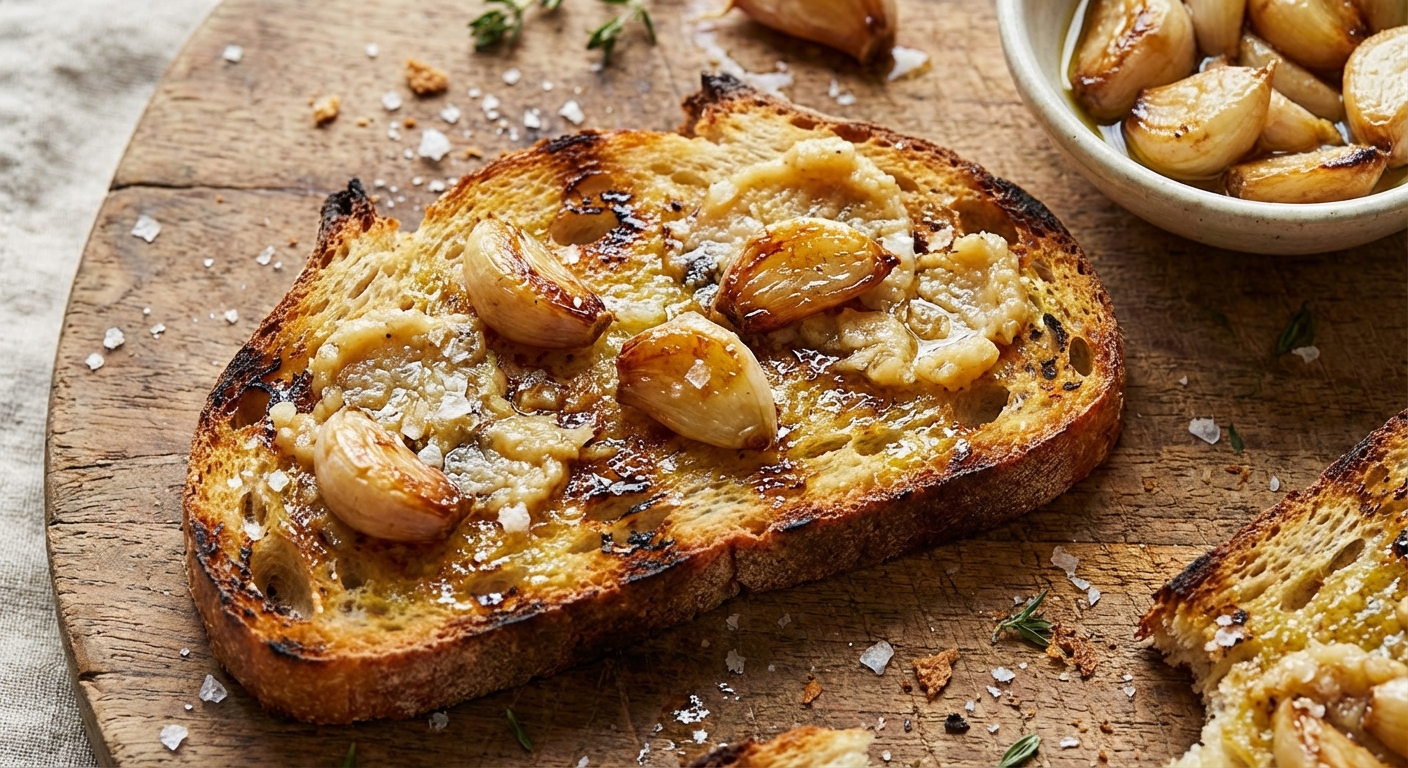 Roasted garlic cloves spread on a piece of toasted sourdough with flaky salt