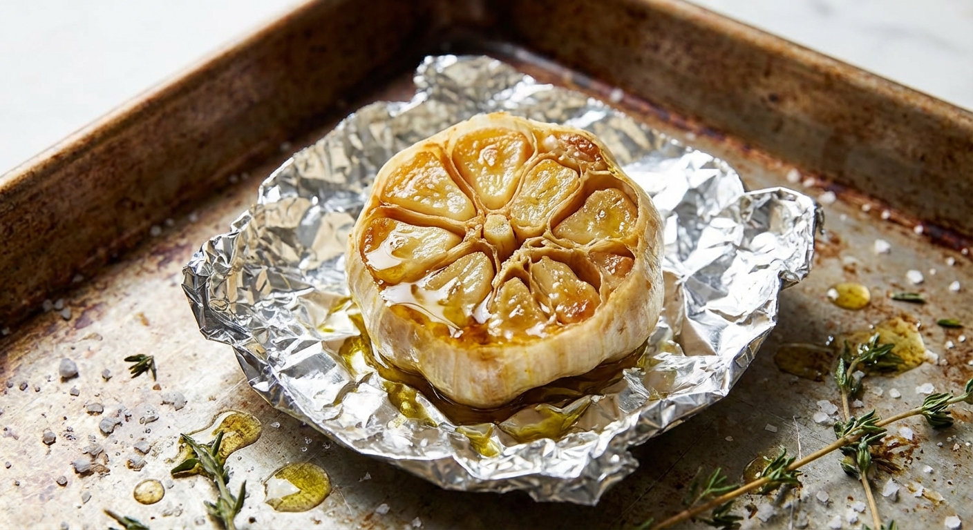 Roasted garlic head cut in half with golden cloves, resting on foil on a baking sheet