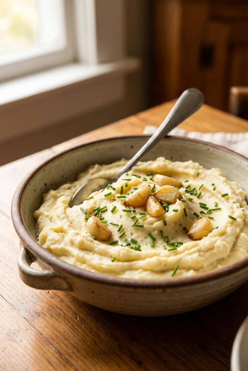Roasted garlic mashed potatoes in a serving bowl with a spoon