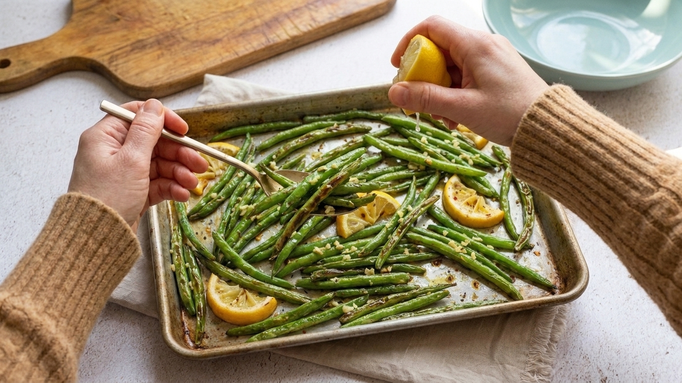 Roasted green beans being tossed with lemon juice in a sheet pan on a kitchen counter
