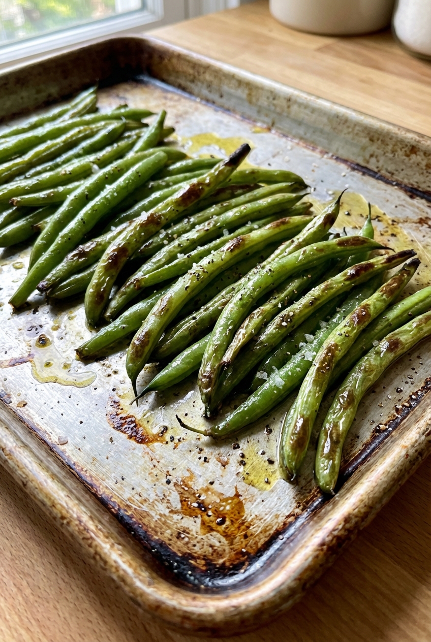 Roasted green beans on a baking sheet with browned blistered spots