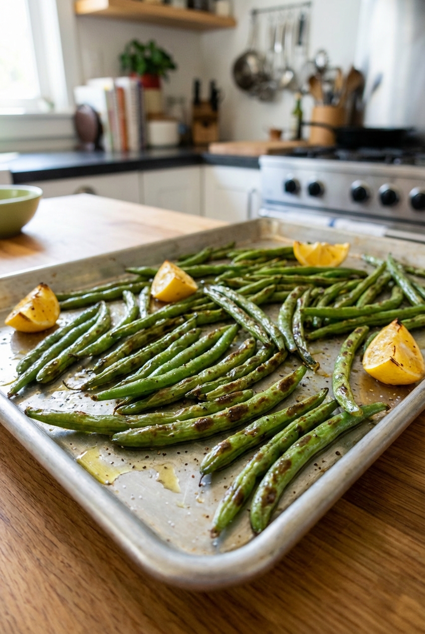Roasted green beans on a sheet pan with blistered spots and lemon wedges