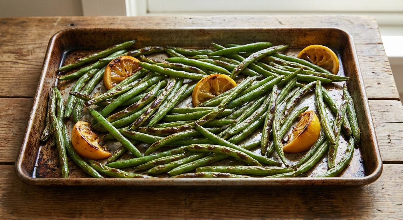 Roasted green beans on a sheet pan with blistered edges and lemon wedges