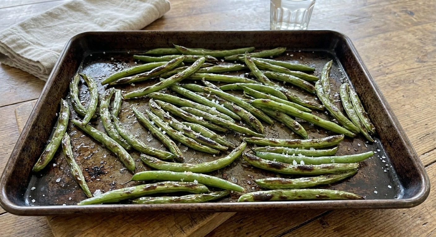 Roasted green beans on a sheet pan with blistered spots and a sprinkle of sea salt
