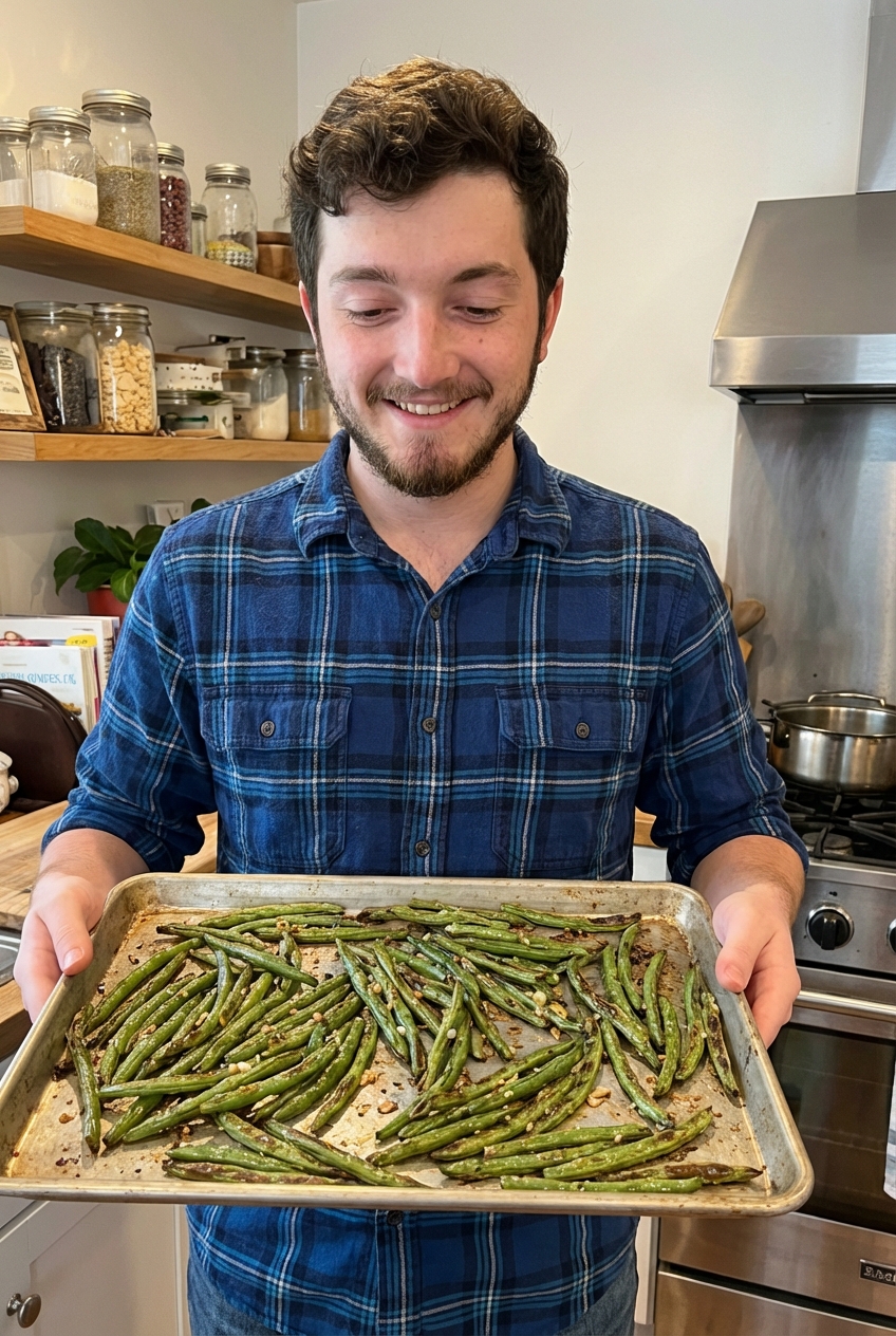 Roasted green beans on a sheet pan with browned blistered spots