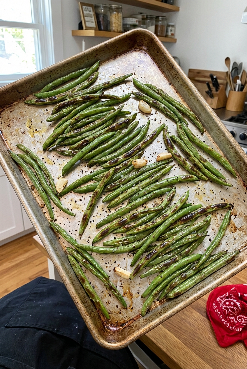 Roasted green beans on a sheet pan with browned blistered spots