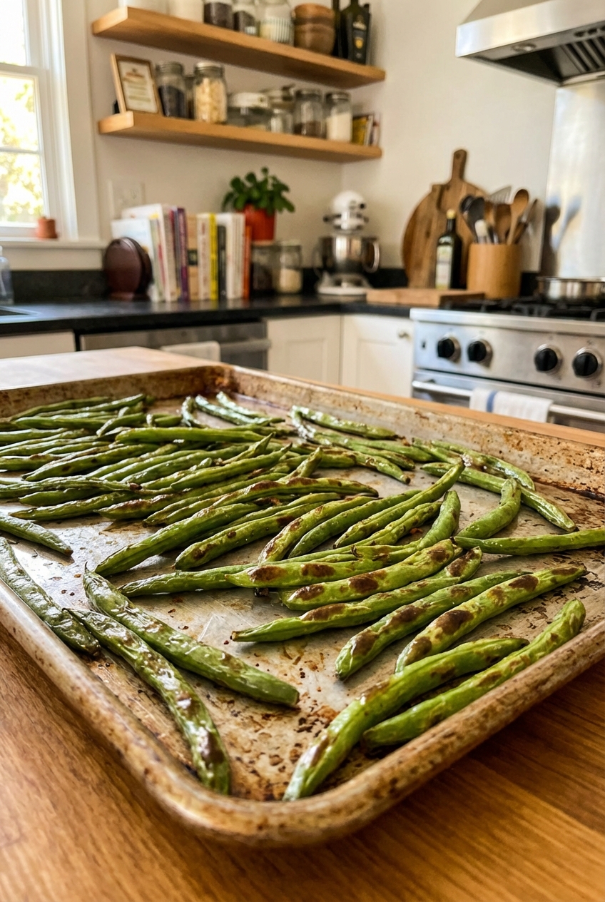 Roasted green beans on a sheet pan with browned blistered spots