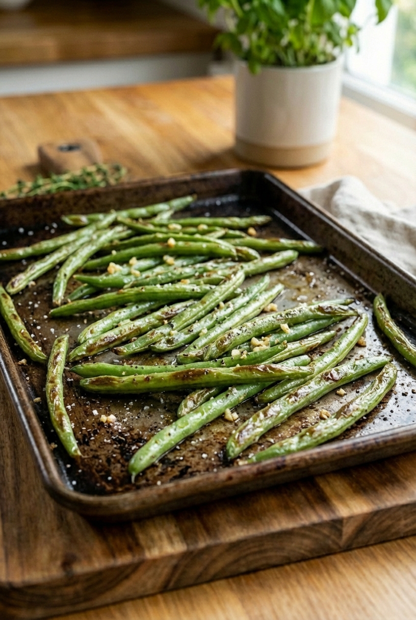 Roasted green beans on a sheet pan with browned edges