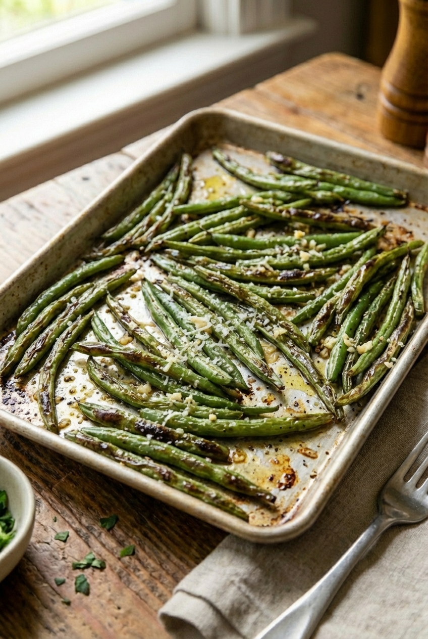 Roasted green beans on a sheet pan with browned edges