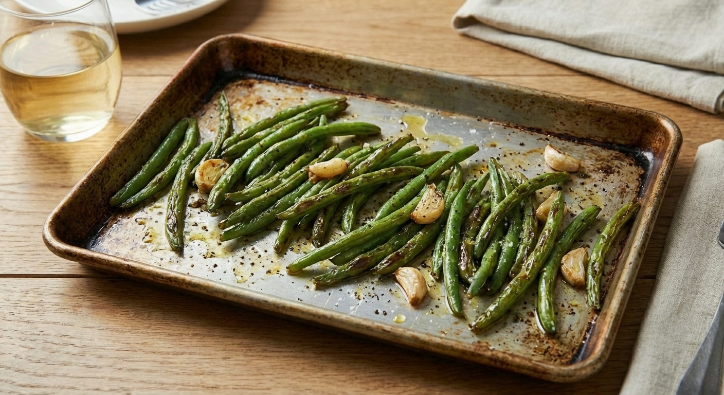 Roasted green beans on a sheet pan with browned edges