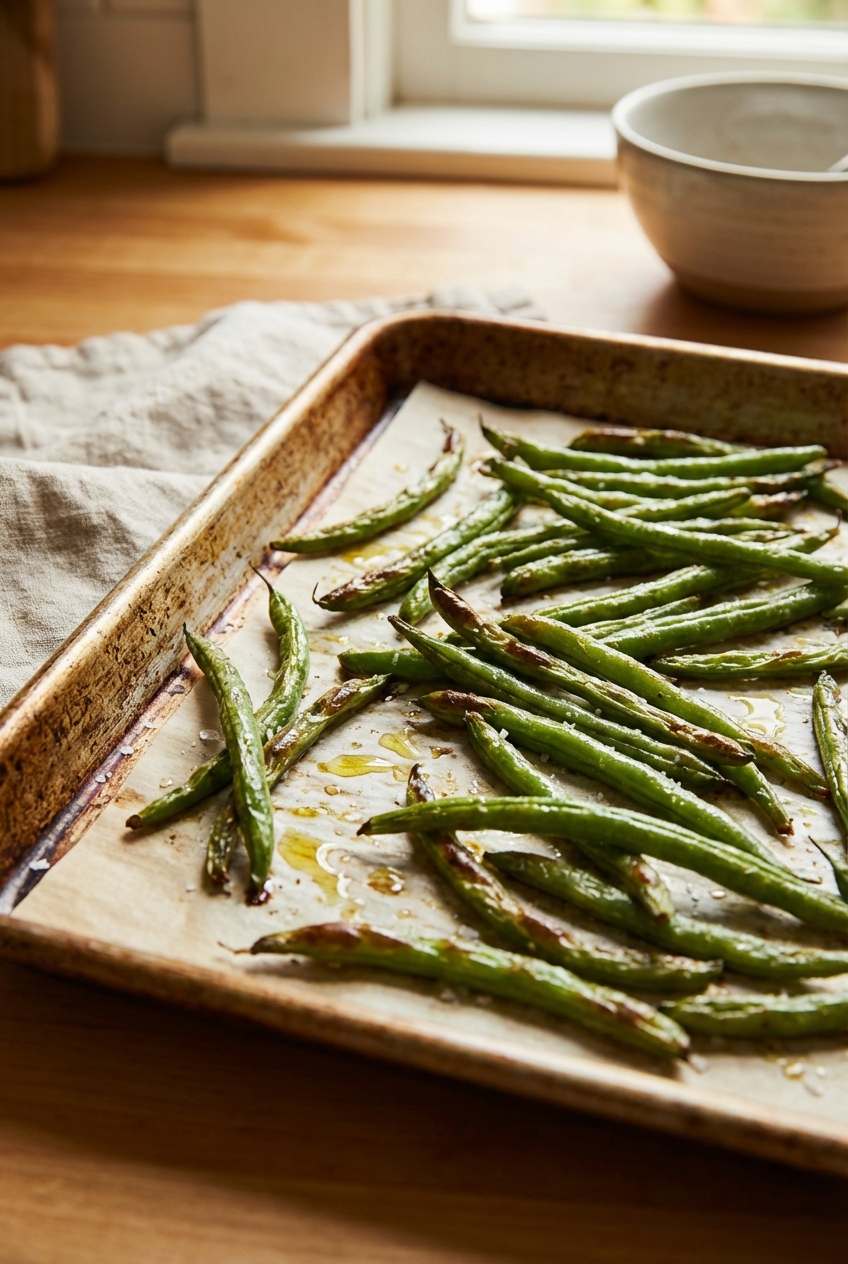 Roasted green beans on a sheet pan with browned edges