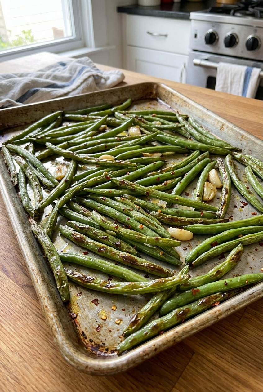 Roasted green beans on a sheet pan with browned edges