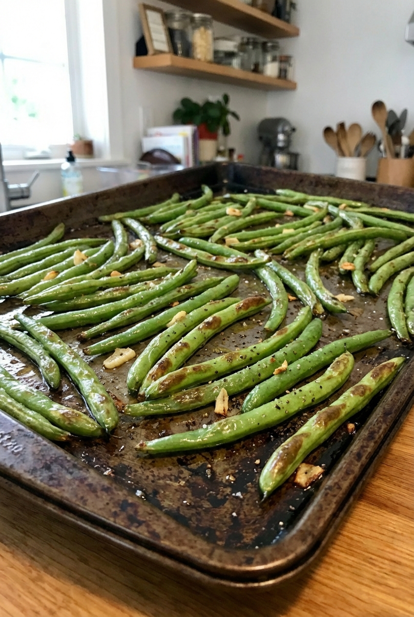Roasted green beans on a sheet pan with browned edges