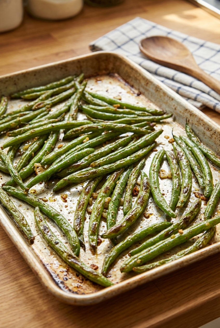 Roasted green beans on a sheet pan with browned edges