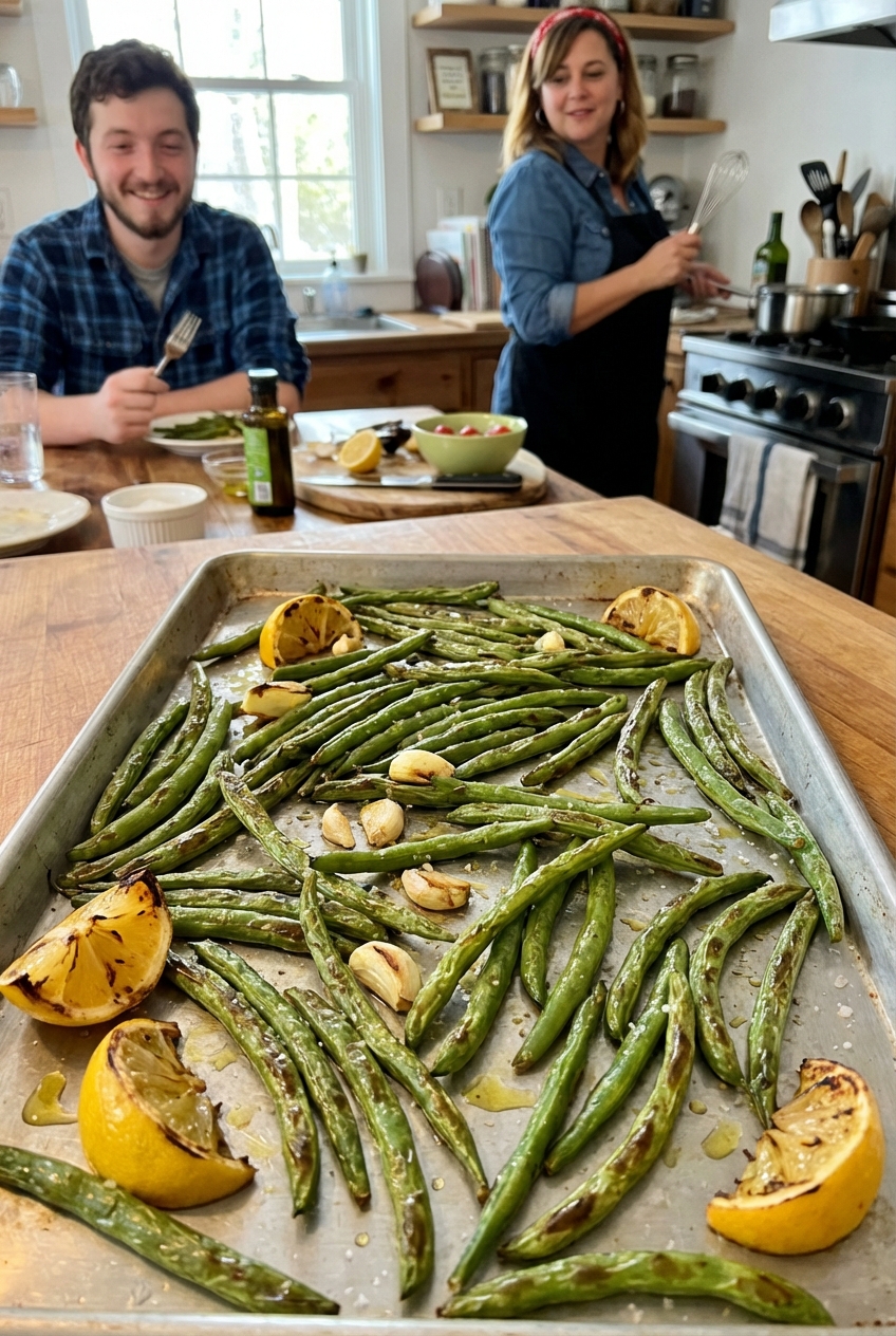Roasted green beans on a sheet pan with lemon wedges