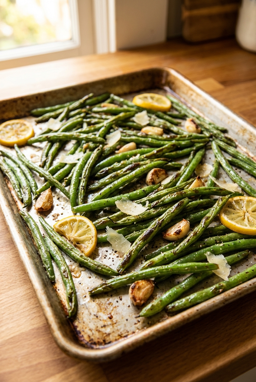 Roasted green beans on a sheet pan