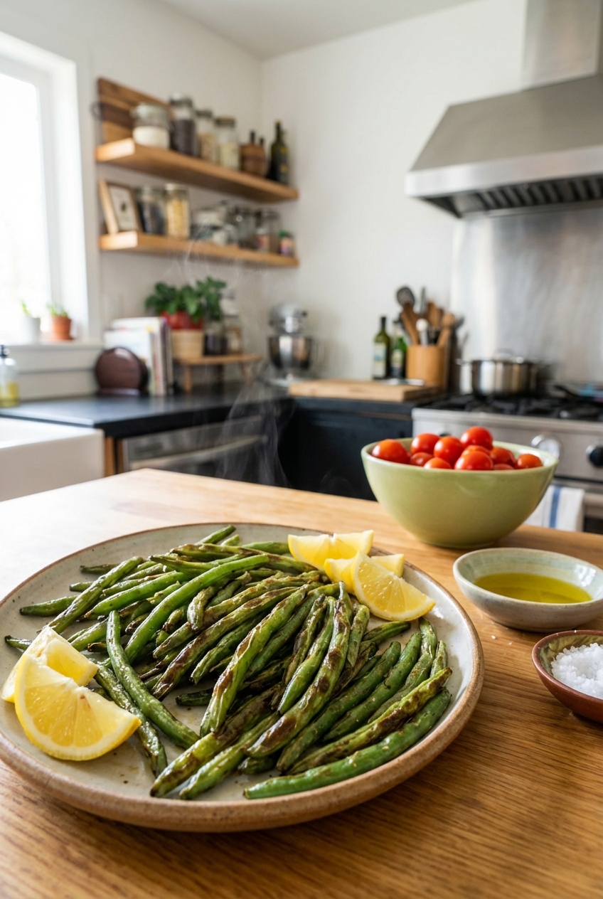 Roasted green beans with blistered edges and lemon wedges