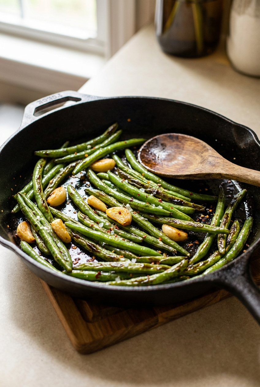 Roasted green beans with garlic in a skillet