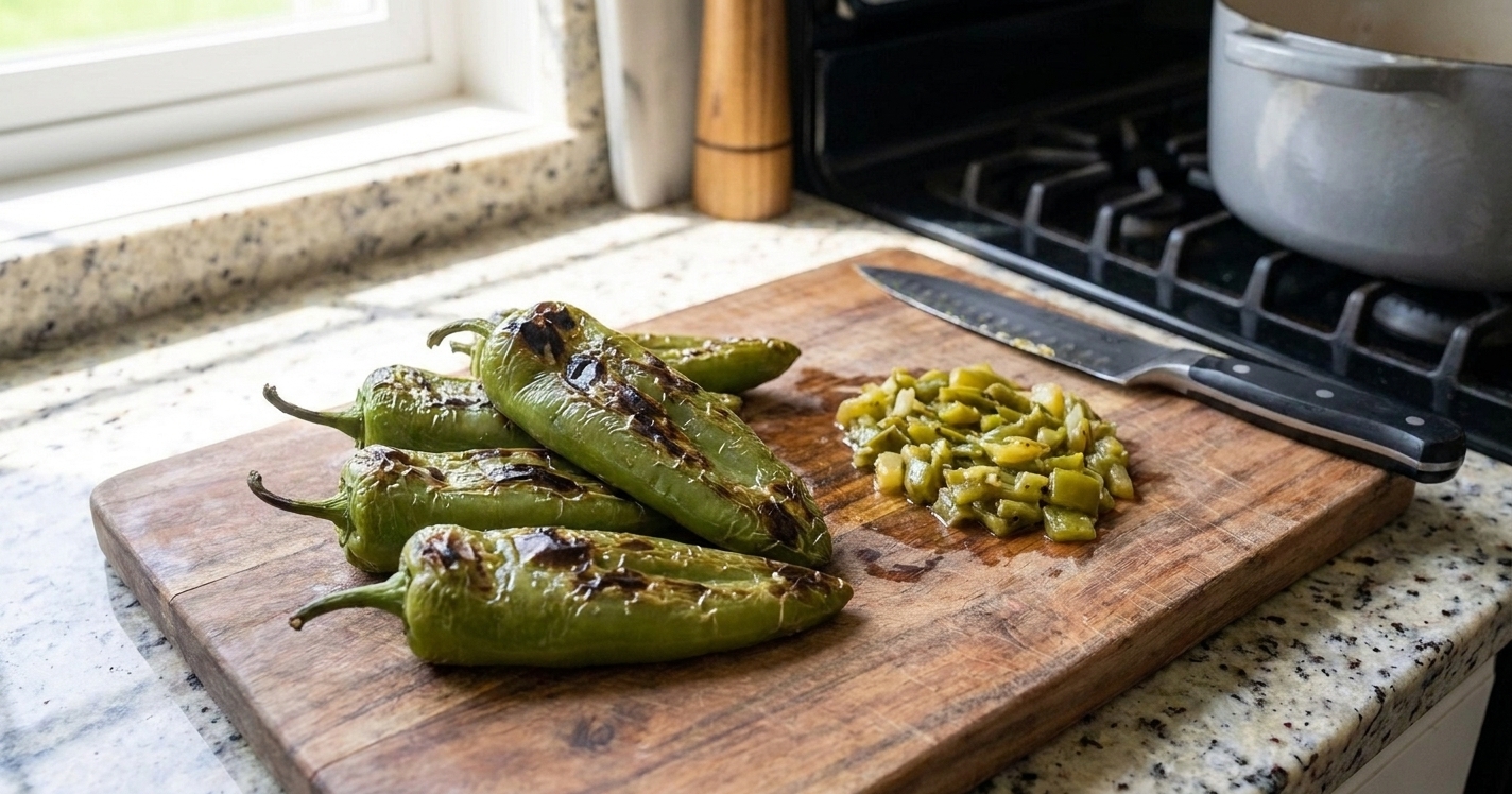 Roasted green chiles on a cutting board with charred skins and a small pile of chopped green chile, on a home kitchen counter