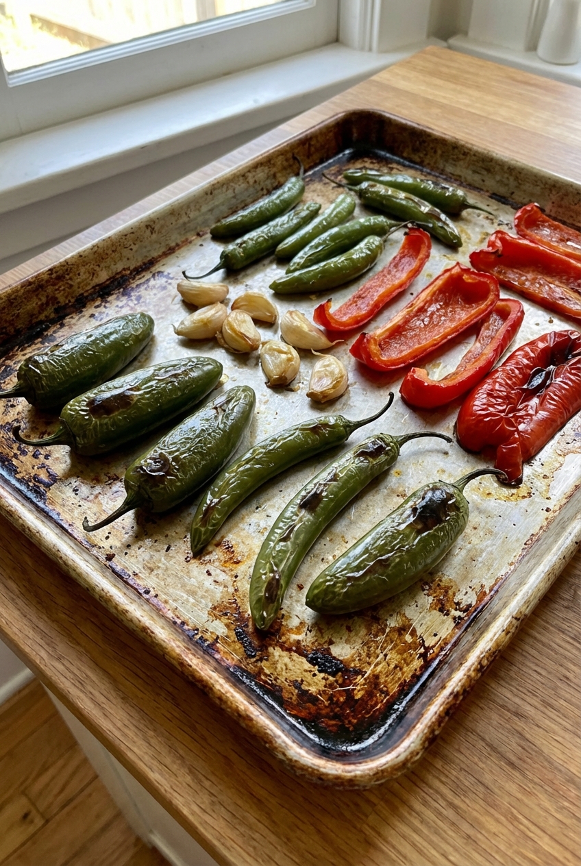 Roasted jalapenos, serranos, red bell pepper, and garlic on a sheet pan with browned edges