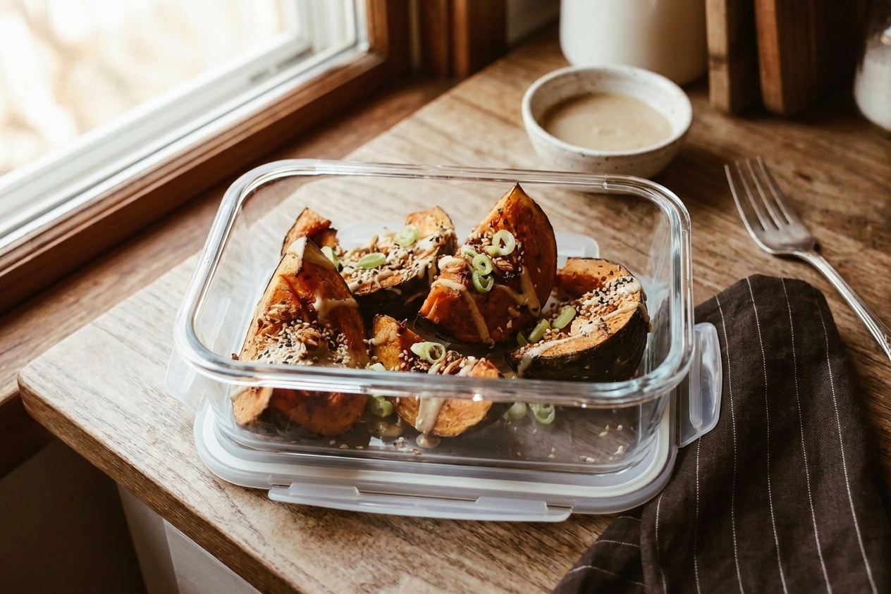 Roasted kabocha squash wedges stored in a clear glass meal prep container with a lid on a kitchen counter