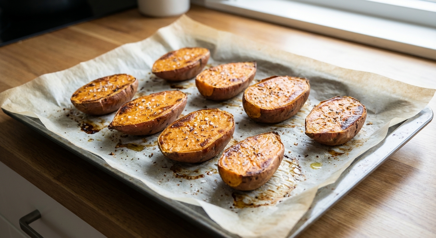 Roasted kumara halves on a parchment-lined baking sheet with browned edges