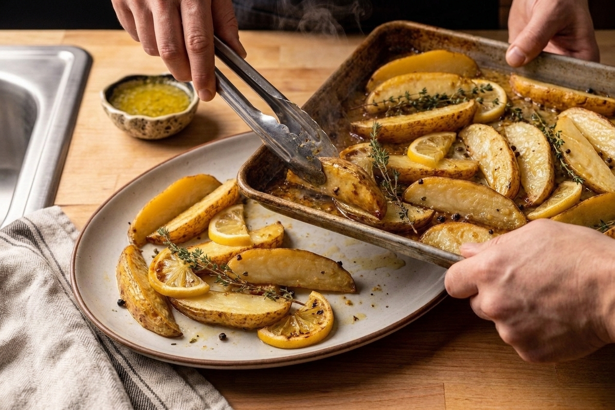 Roasted lemony potato wedges being transferred from a sheet pan onto a serving platter on a kitchen counter