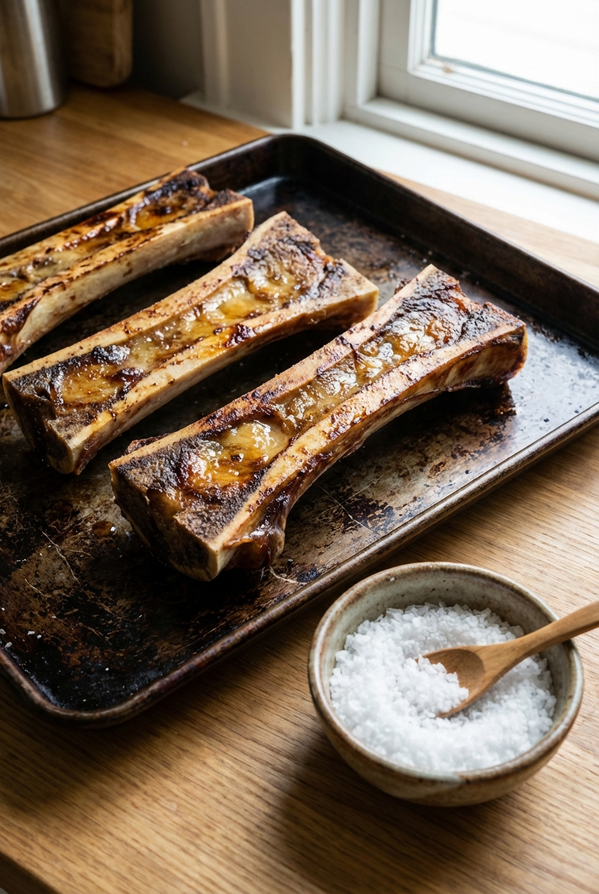 Roasted marrow bones on a baking sheet with browned edges and a small bowl of flaky salt nearby