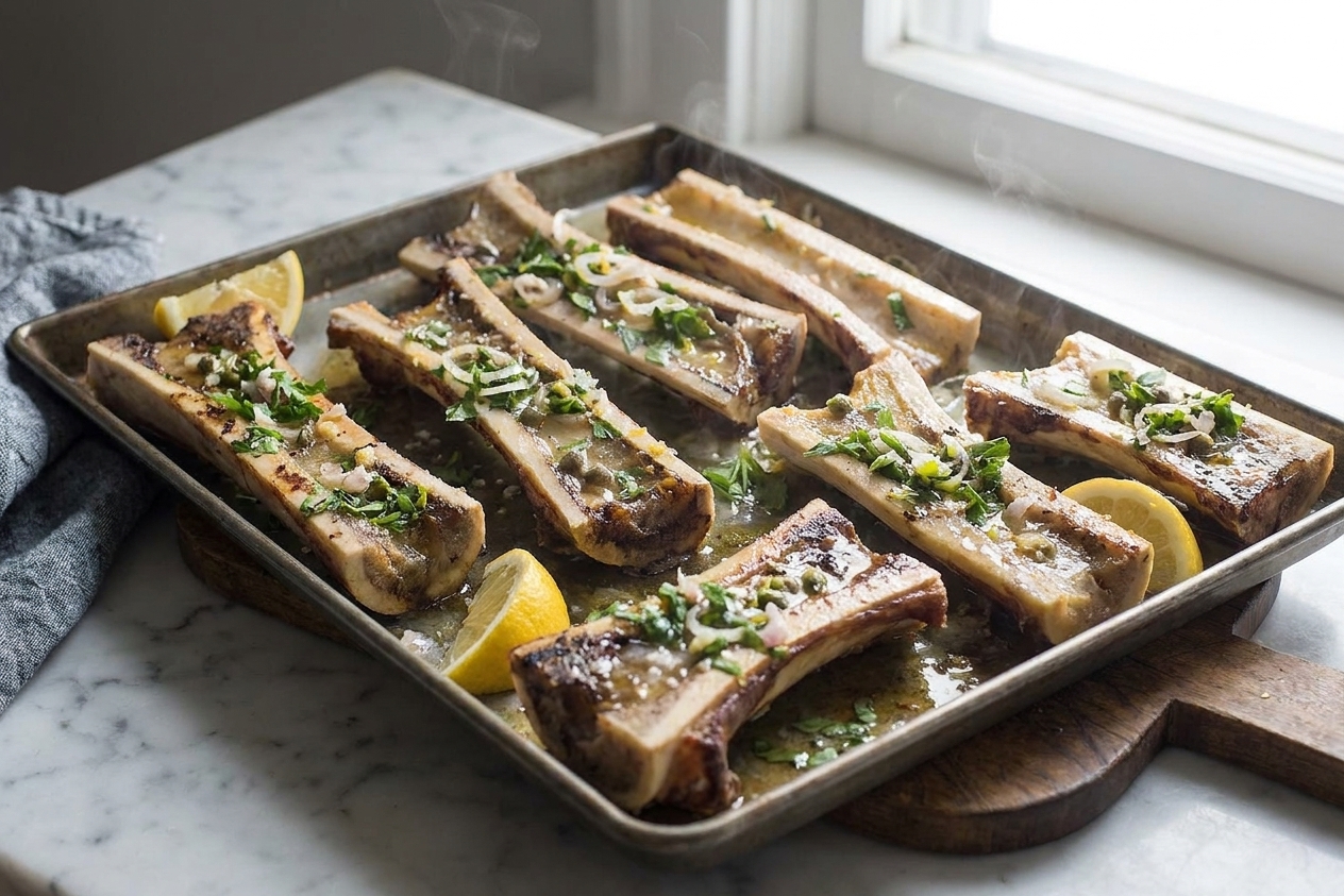 Roasted marrow bones on a sheet pan just out of the oven with browned edges and shimmering, softened marrow