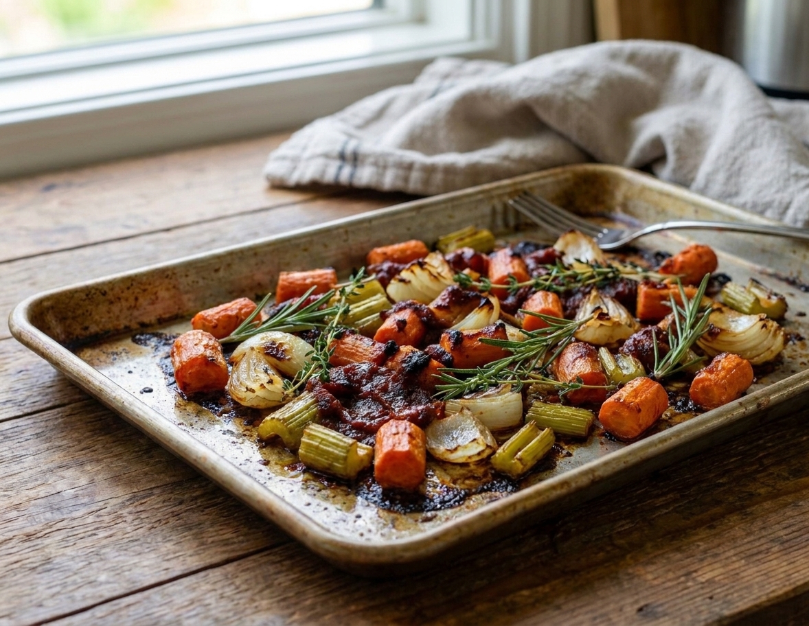 Roasted onions, carrots, and celery on a baking sheet with darkened tomato paste clinging to the vegetables