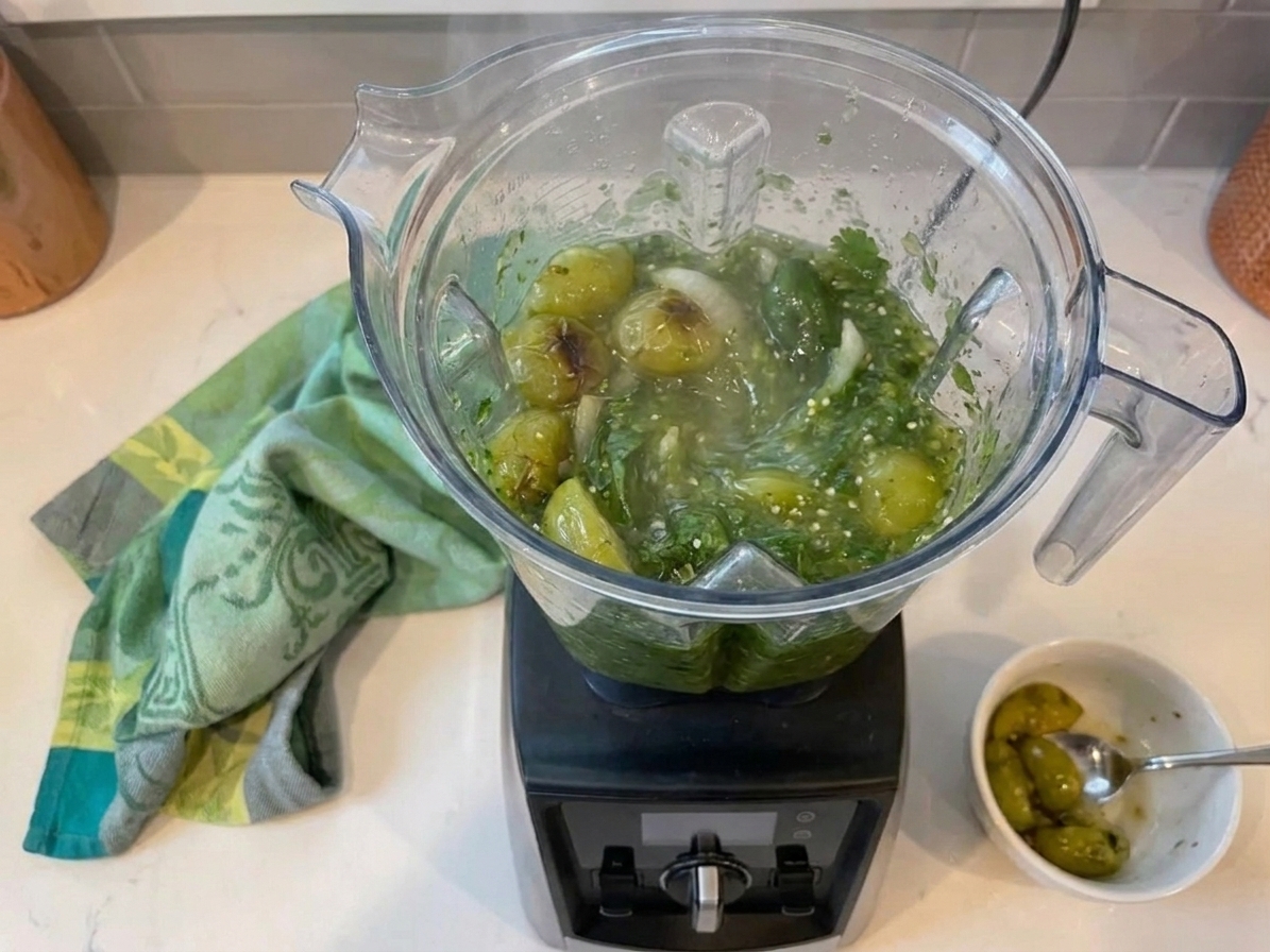 Roasted or simmered tomatillos and cilantro being blended into a smooth salsa verde in a countertop blender on a tidy kitchen counter