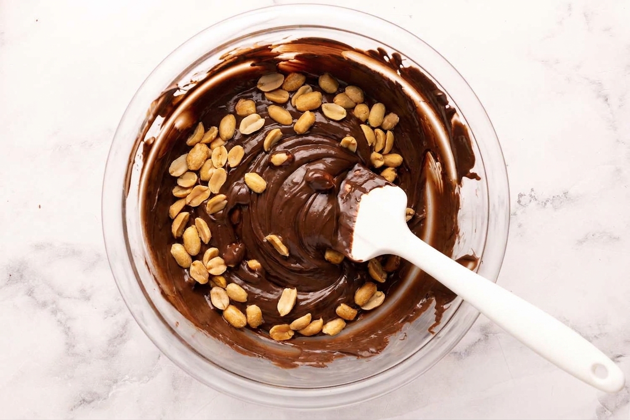 Roasted peanuts being folded into melted chocolate in a mixing bowl with a rubber spatula