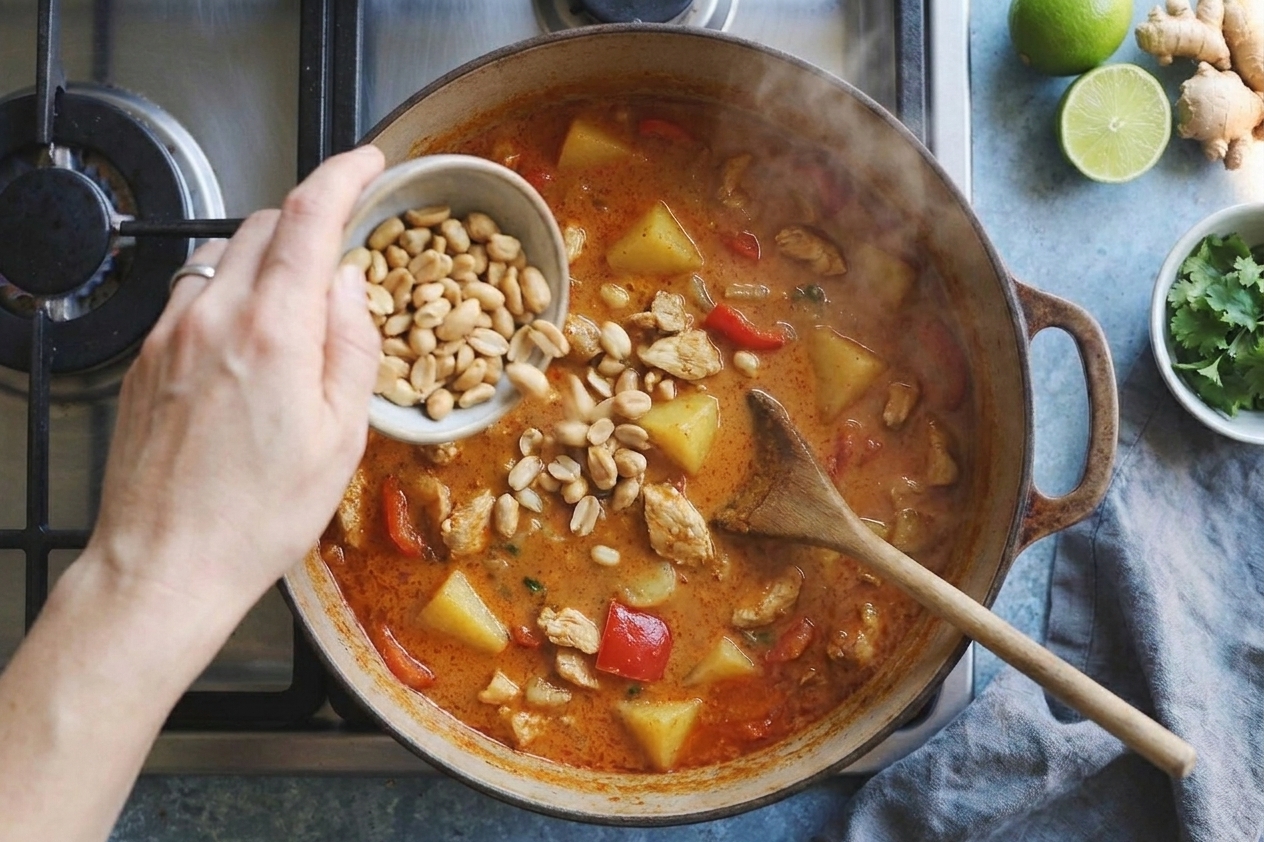 Roasted peanuts being sprinkled into a pot of finished massaman curry on the stovetop