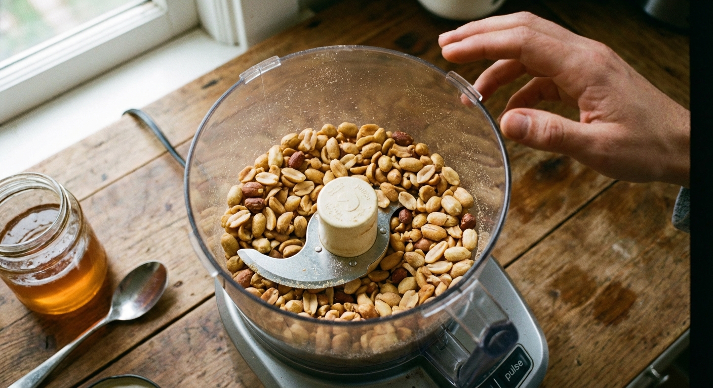 Roasted peanuts in the bowl of a food processor just before blending