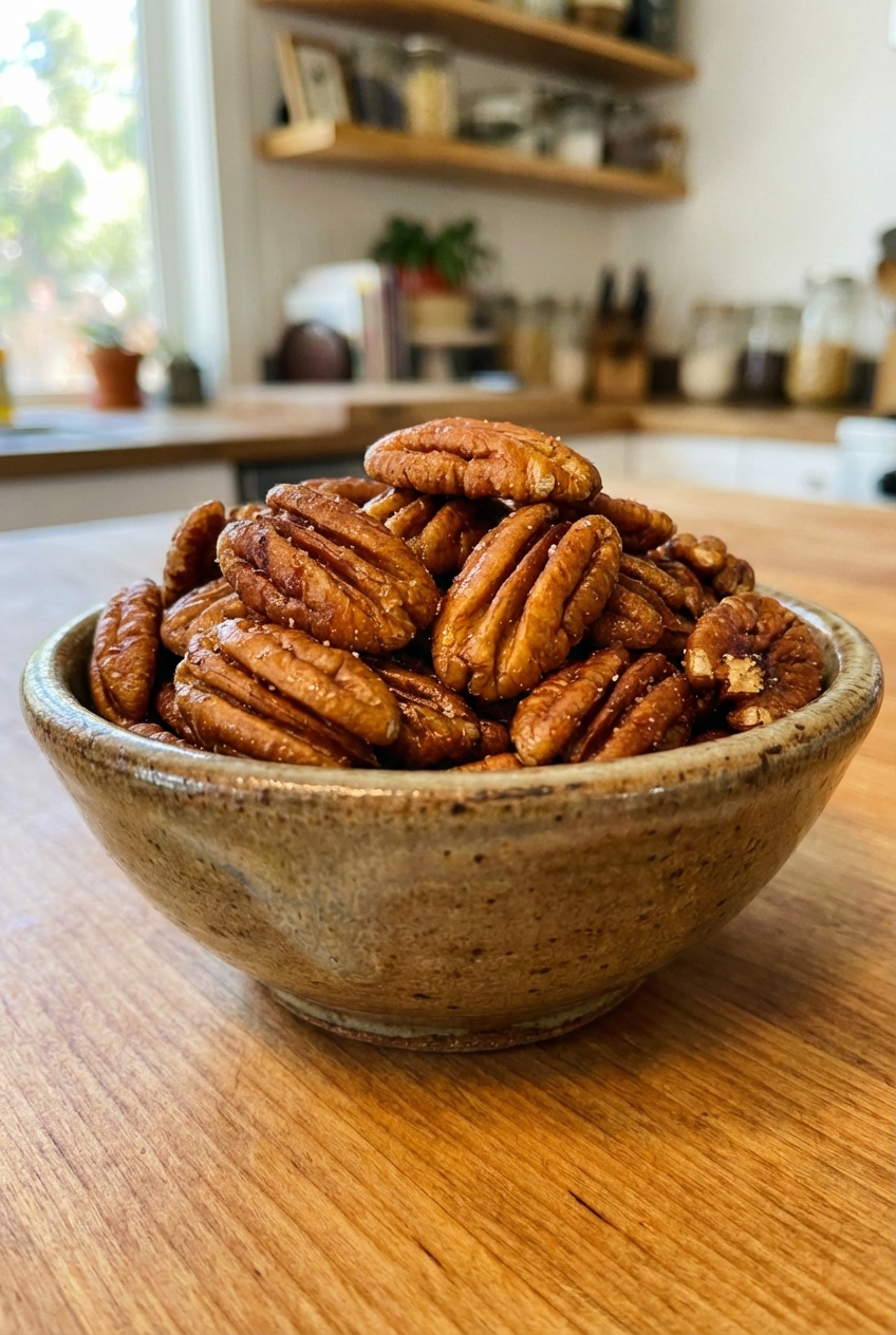 Roasted pecans in a small bowl