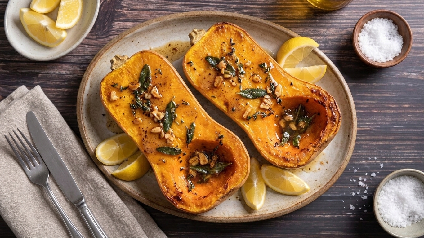 Roasted pepper squash halves plated on a ceramic platter with browned-butter herb drizzle, lemon wedges on the side, and a simple table setting in warm natural light