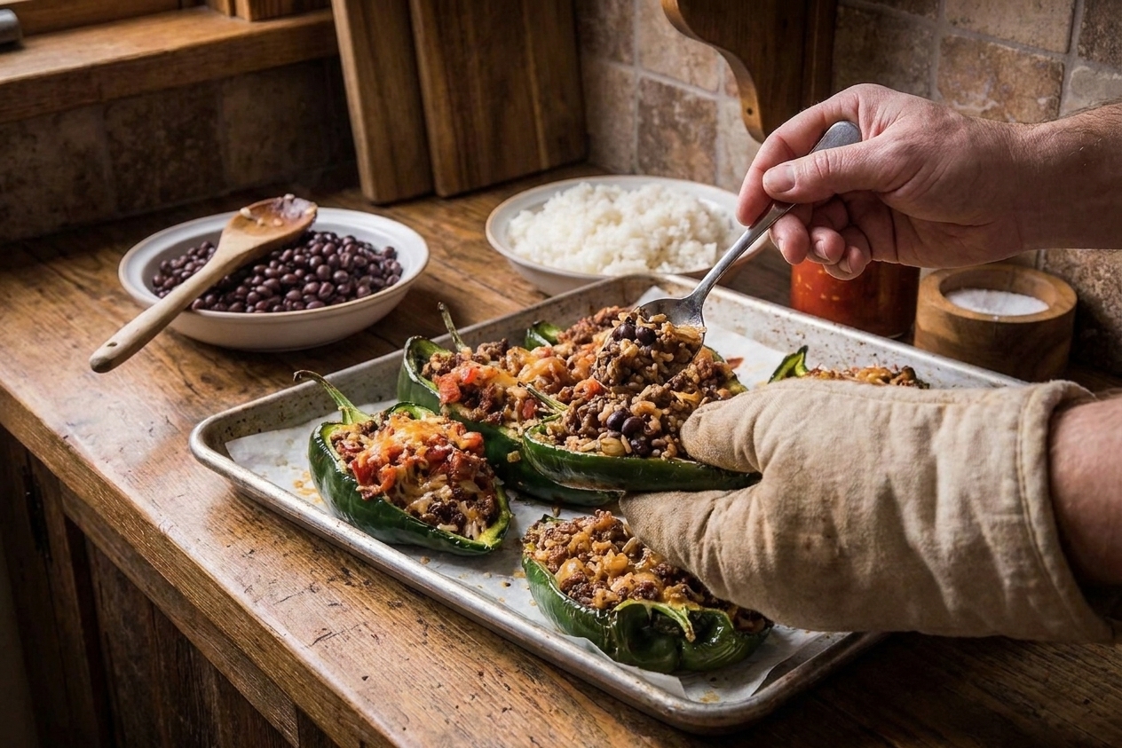 Roasted poblano pepper halves arranged in a baking dish being filled with beef, rice, and bean mixture