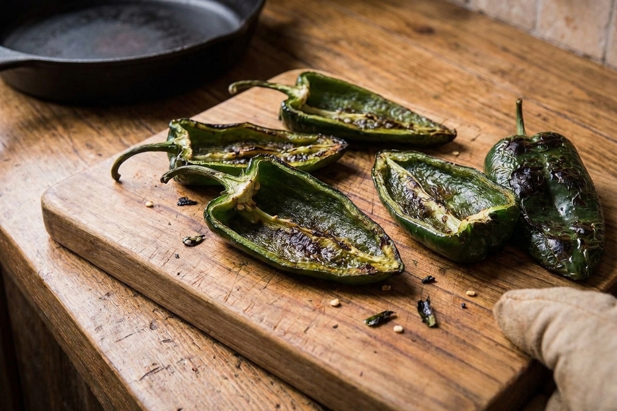 Roasted poblano pepper halves on a cutting board with seeds and membranes removed