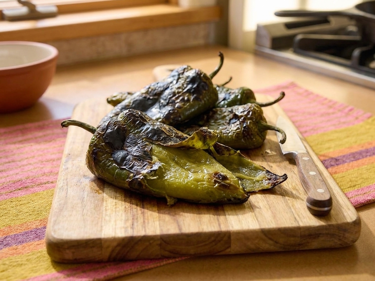 Roasted poblano peppers on a cutting board with blackened skins partially peeled back, set on a home kitchen counter with warm natural light
