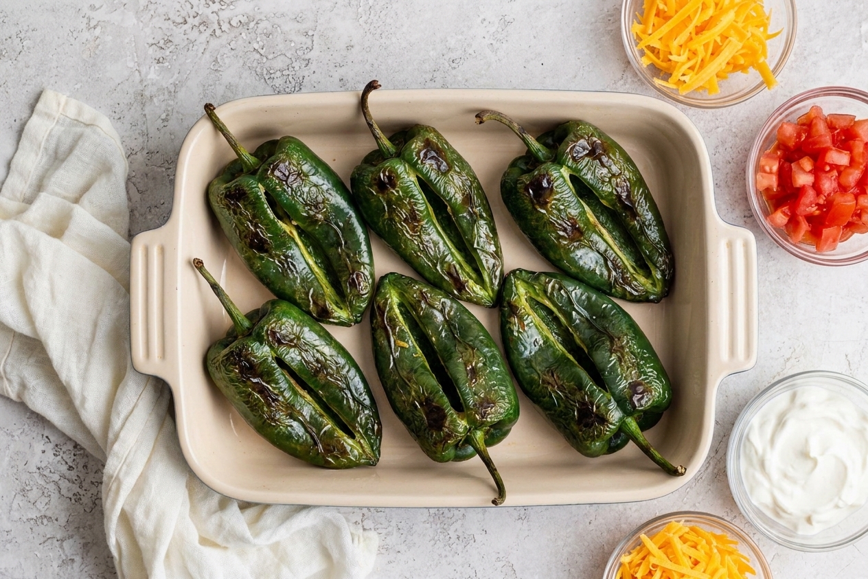 Roasted poblano peppers split open in a baking dish, ready to be filled, with blistered skins and stems intact