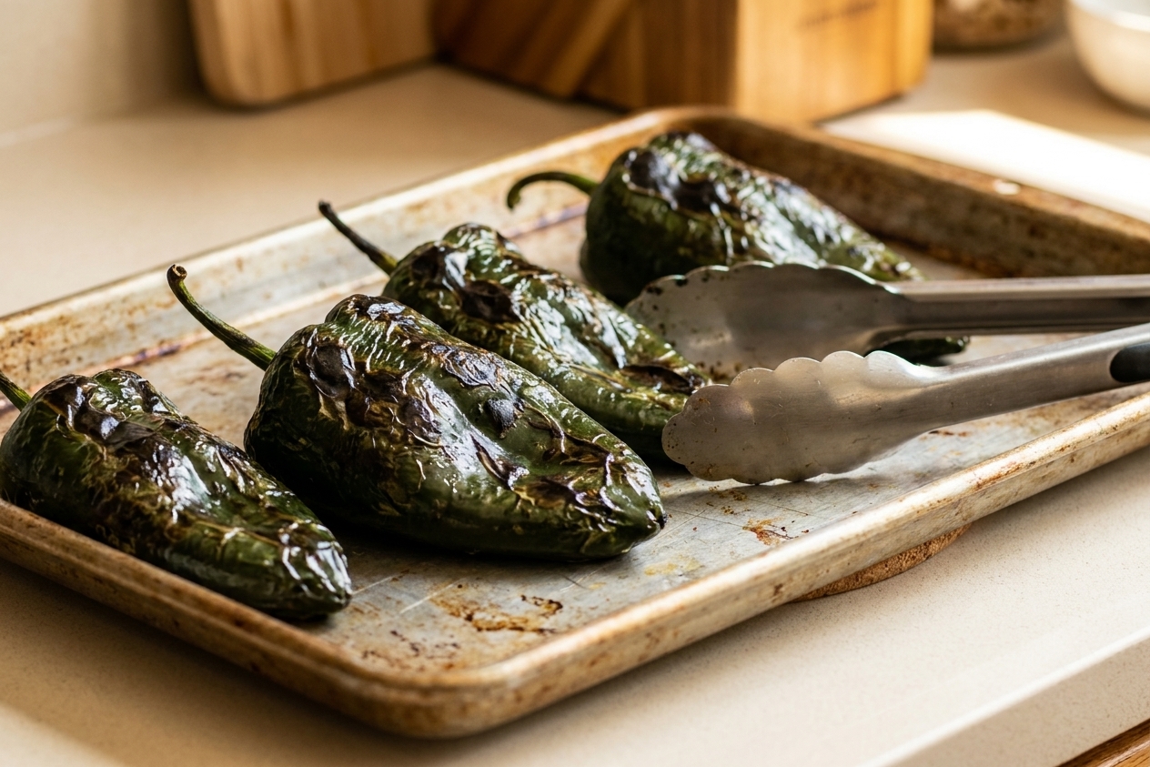 Roasted poblano peppers with blistered blackened skins resting on a sheet pan next to a pair of tongs on a home kitchen counter