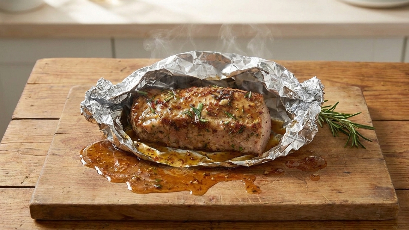 Roasted pork fillet resting on a cutting board loosely tented with foil with juices collecting on the board