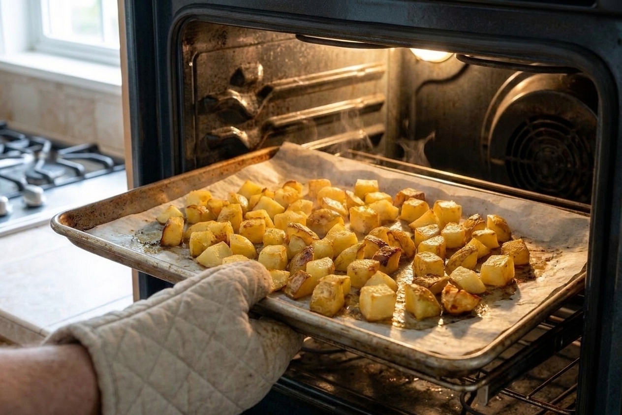 Roasted potato cubes being reheated on a parchment-lined sheet pan in a home oven with a warm kitchen light