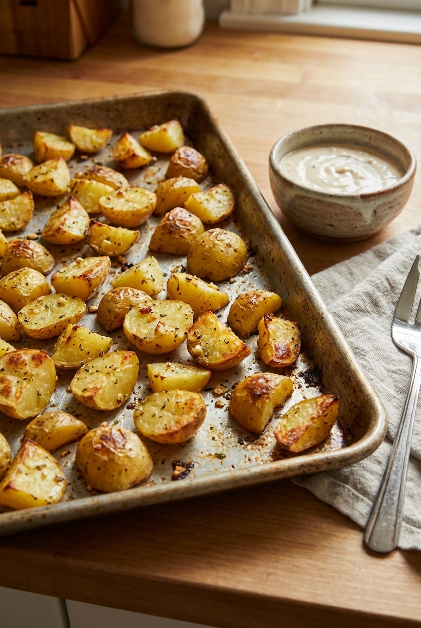 Roasted potatoes on a sheet pan with browned edges and a small bowl of sauce nearby