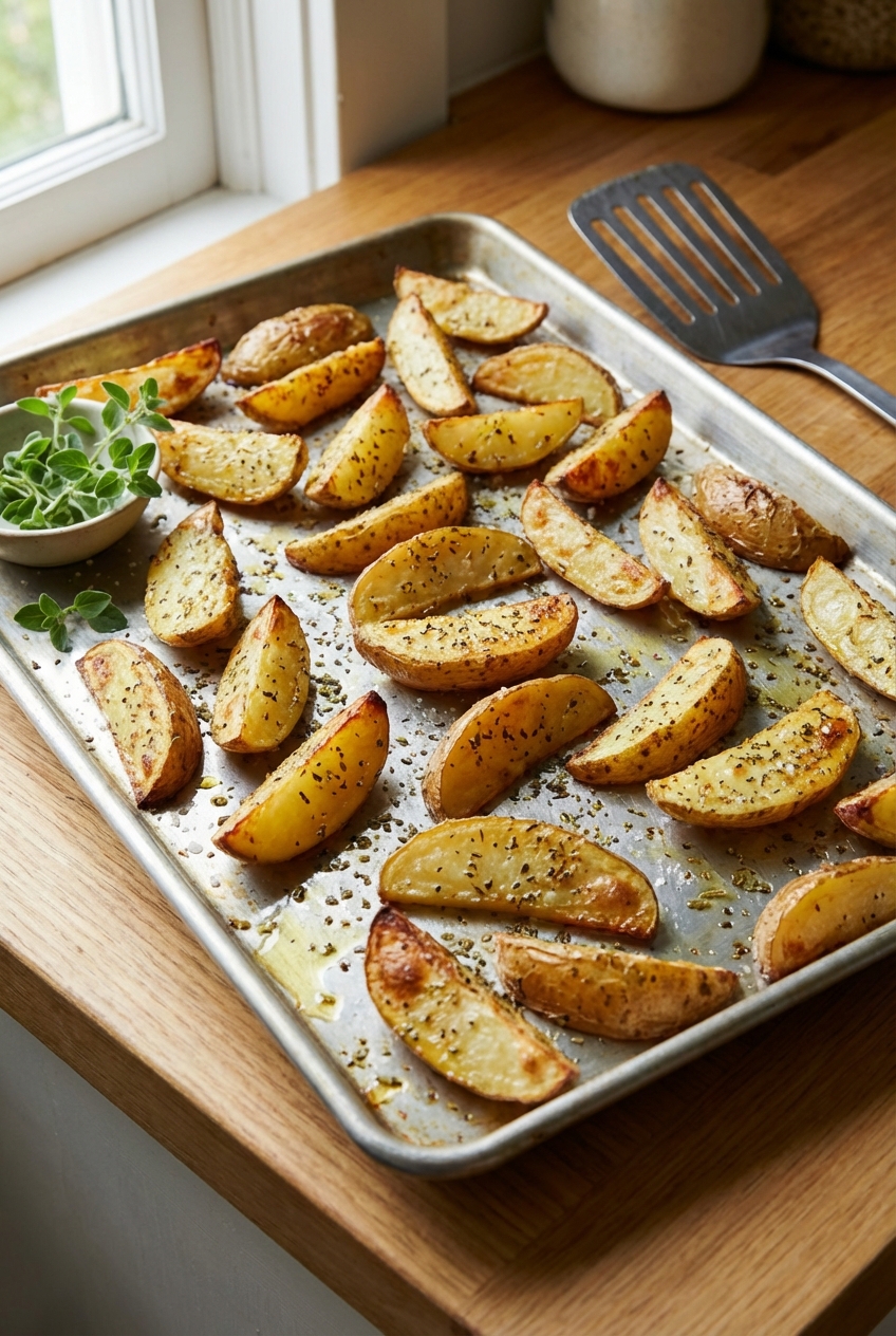 Roasted potatoes on a sheet pan with golden edges and oregano